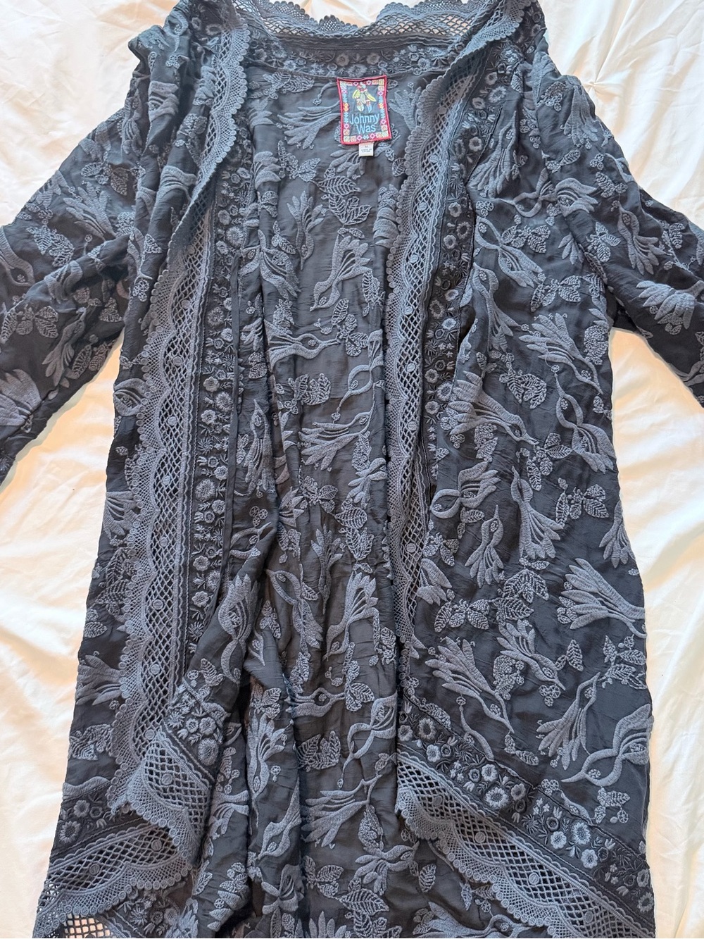 Johnny Was Slate Gray Embroidered Lace Kimono Robe